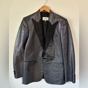 Sartorial tuxedo/suit coat. Made in Italy. Gun smoke metallic grey. Shiny.